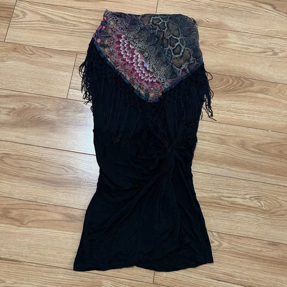 Desigual Scarf Tassel Tunic Tank Top Women's SMALL Black Floral Snakeskin EUC